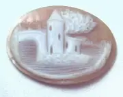 NOS Antique Hand Carved Oval Shell CAMEO Stone House & Tree Scene #N428