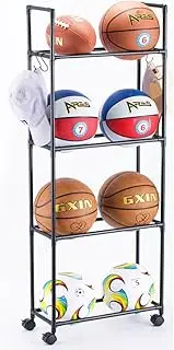 FDSDEFEN 4-Layer Rolling Basketball Rack, Iron, 17.5 in W x 7.7 in D x 50 in H, Black