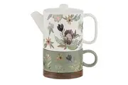 Leura 250ml Porcelain Cup 470ml Teapot w Acacia Coaster Set Tea For One