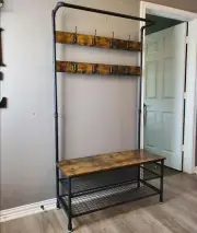 Coat Rack Storage Bench| Pipe Style Hat and Coat Stand with 9 Hooks