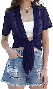 [iClosam] Women Sheer Cropped Cardigan Sheer Bolero Shrug Beach Cover Up Casual Shoulder Cover Tie Front Tops
