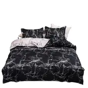 3Pcs Queen Bed Quilt Cover Set One Two Pillowcases Marble Print Black Quilt Covers