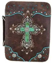 Western Style Embroidered Verse Scripture Bible Cover Book Bibles Cross Brown