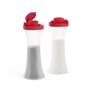 Tupperware 4" Mini Hourglass Salt and Pepper Shakers Sheer with Red Seals NEW!