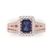 1.60ct Emerald Round Cut Halo Blue Sapphire Ring bridal Set 14k Rose Gold