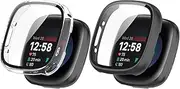 Protective Case Intended for Fitbit Versa 4/Sense 2 Screen Protector Cover, Tempered Glass Screen + All-Round PC Protector Case Set for Women Men (Black+Clear)