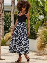 Sosandar Black Floral Print Pleated 100% Cotton Midi Skirt (E86868) | $96