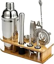 10PCS Stainless Steel Home Bartending Cocktail Mixing Tool Kit Set - with Bamboo Tray for DIY Drinks Novice(550ml)