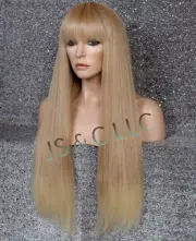 Human hair blend Full Wig Straight Blonde mix Ombre Heat OK Bangs WEMG 27-613