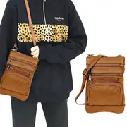 Small Genuine Leather Crossbody Purses for Women Trendy Travel Shoulder Handbags with Multiple Zipper Pockets-Light Brown