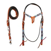 western Leather Equestrian Tooled Beaded Headstall,Breast Collar & Reins. (H049)