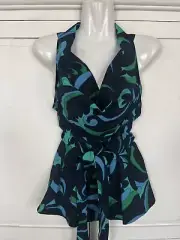 Ann Taylor NEW Sleeveless Top Size 2 Blouse Retro Print Blue Green Tie Front