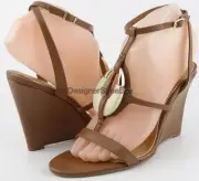 $355 BADGLEY MISCHKA AMELIA Tan leather Designer Open Toe Wedges Heels 6.5