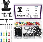 Swpeet 310Pcs Black Push Pins Set, Including Thumb Tacks, Push Pin Hooks, Pushpin Clips, Decorative Push Pins and Map Tacks, 5 Style Black Office Accessories Ideal for Map Office