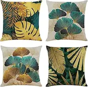 [Sweetwill] Set of 4 Decorative Cushion Covers 45 x 45 Linen Jungle Throw Pillow Cases Gold Turquoise Farmhouse Natural Cushion Covers 18x18 Sofa Cushions Modern Living Room Outdoor Garden