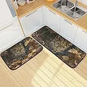 Kitchen Mats for Floor, 2 Piece, Leopard Autumn Leaves Funny Cute Washable Non-Slip Kitchen Rugs Set for Home & Office, Sink, Laundry, 19.7” x 27.6” + 19.7” + 47.2”
