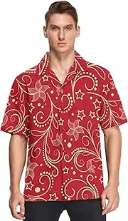 Hawaiian Men Button Up Shirts Short Sleeve Floral Stars Valentine's Day Gold Red Printed Camisas de botones para, Floral Stars Valentine's Day Gold Red, Large