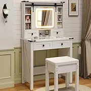 Giantex Makeup Vanity Desk with Mirror and Lights, Farmhouse Dressing Table and Stool Set with Sliding Mirror with 3-Color Dimmable LED Lights, 4 Drawers and Adjustable Storage Shelves, White