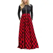 Nevenka Womens Plaid Printing Long Sleeve Waist Dress-Red