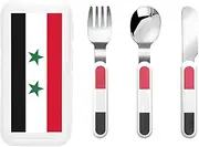 Flag Of The Syrian Arab Republic 3 Piece Set For Camping Stainless Steel Flatware, Spoon, Fork, Knife, Ideal For Outdoor