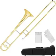 HONEY JOY B Flat Tenor Slide Trombone Brass, B Flat Wind Instrument for Kids Adults with Case, Gloves & Mouthpiece, Portable Trombone Brass with Gold Lacquer Finish, Suitable for Students Beginners