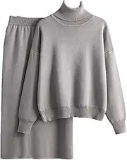[Generic] Women Knitted Suits Turtleneck Long Sleeve Loose Pullover Elastic Waist Bodycon Skirt Winter Solid Sets