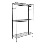 2Tier Rod Closet Organizer Garment Rack Clothes Storage Hanger Shelf Hooks Black