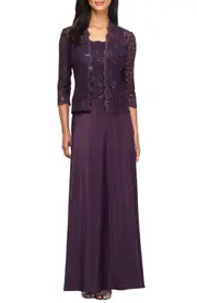 Alex Evenings Sequin Lace & Satin Gown with Jacket