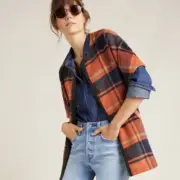 NWT Anthropologie Andersen & Lauth Erica Poncho Vest Orange Navy Plaid One Size