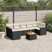 8 Piece Outdoor Garden Sofa Set with Cushions, Black Poly Rattan Patio Furniture Set, PE Wicker Modular Design with Storage, UV-Resistant, Cream Cushions, Acacia Wood Tabletop, Balcony and