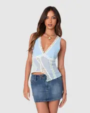 EDIKTED Womens Chiffon & Lace Sheer Asymmetric Top LIGHT-BLUE