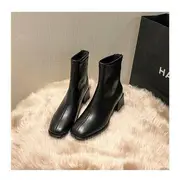 Square-Toe Chunky Heel Short Boots Black - 36