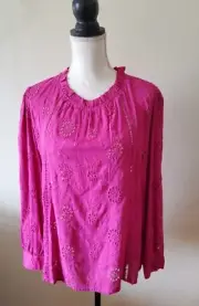 Nicole Miller Artelier Women's XL Top Long Sleeve Embroidered Eyelet Rayon Pink