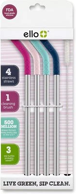 Ello Impact Reusable Stainless Steel Straws with Cleaning Brush, 4 Piece, June