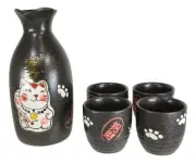 Japanese Maneki Neko Lucky Charm Cat Ceramic Black Sake Set Flask With Four Cups