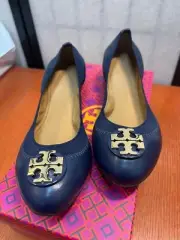 Tory Burch Claire Elastic Travel Leather Ballet Flat Royal Navy Gold