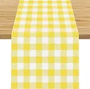 Linen White and Black Buffalo Check Plaid Table Runner Farmhouse Spring Summer Lemon Sunflower Bee Pineapple Sunshine Table Decorations 13x72 Inch (Yellow and White)