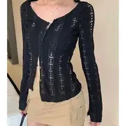 Long-Sleeve Perforated Slim-Fit Button-Up Knit Top / Plain Mini Skirt Top - Black - S