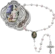 Guardian Angel Pink Rosary with Box Baptism Christening Communion Gift