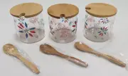 Temptations Set of 3 Glass Condiment Containers PATRIOTIC Bamboo Lids & Spoons