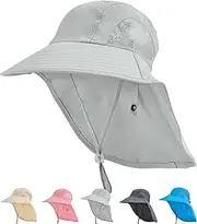 [OZ SMART SUN PROTECTION] Kids Legionnaires Hat for Girls/Boys, Kid Sun Hat with Neck Flap& Chin Strap, Wide Brim 50 UPF UV Beach Hats for Swim Tennis Running Light Grey