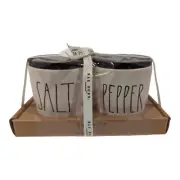 RAE DUNN ~ Salt & Pepper Cellars Set ~ White w/ Black Lids ~ NEW