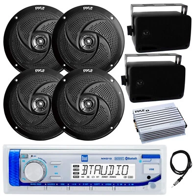 Marine Bluetooth Receiver, Amplifier, 4x 6.5" + 2x 3.5" Black Speakers, Antenna