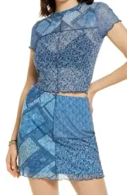 Nordstrom BP Crop Top Patchwork Blue Floral Mesh Size S Stretchy Knit