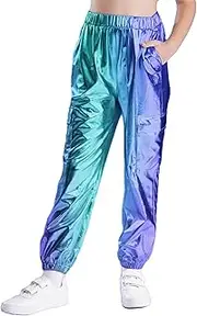 [FEESHOW] Girls Metallic Cargo Pants Hip Hop Dance Pants Shiny Training Leggings Elastic Waistband Trousers Competition Dancewear