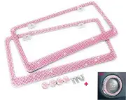 2x Bling Blin 7 Rows PINK Crystal Metal License Plate Frame+ Pink Ring+Free Caps
