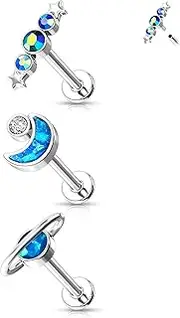 [Melighting] Labret Jewelry Internally Threaded 16G Blue Glitter Planet Labret Stud Stainless Steel 316L Moon Helix Earrings Star Tragus Conch Piercing Jewelry for Women