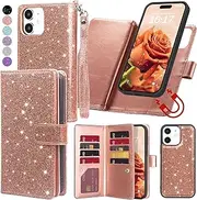 Varikke for iPhone 11 Wallet Case Detachable with 9-Card Holder for Women, Fashion Glitter PU Leather Wrist Strap Strong Magnetic Flip Wallet Removable Phone Case Cover for iPhone 11 6.1", Rose Gold