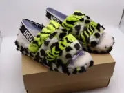 Womens UGG Fluff Yeah Animalia Slide Faux Fur Slippers Key Lime/Blk 8 New