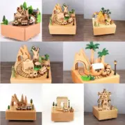 Wooden Castle Train Station Rotate Moving Music Box Decoration Kids Gift